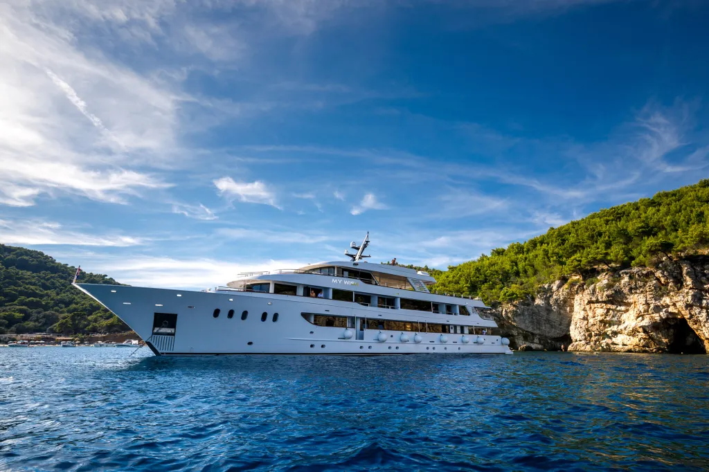 A large white cruise ship named 
