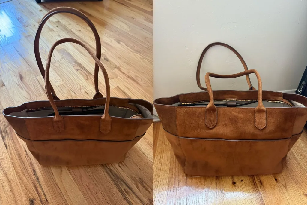 A side by side of a suede tote bag