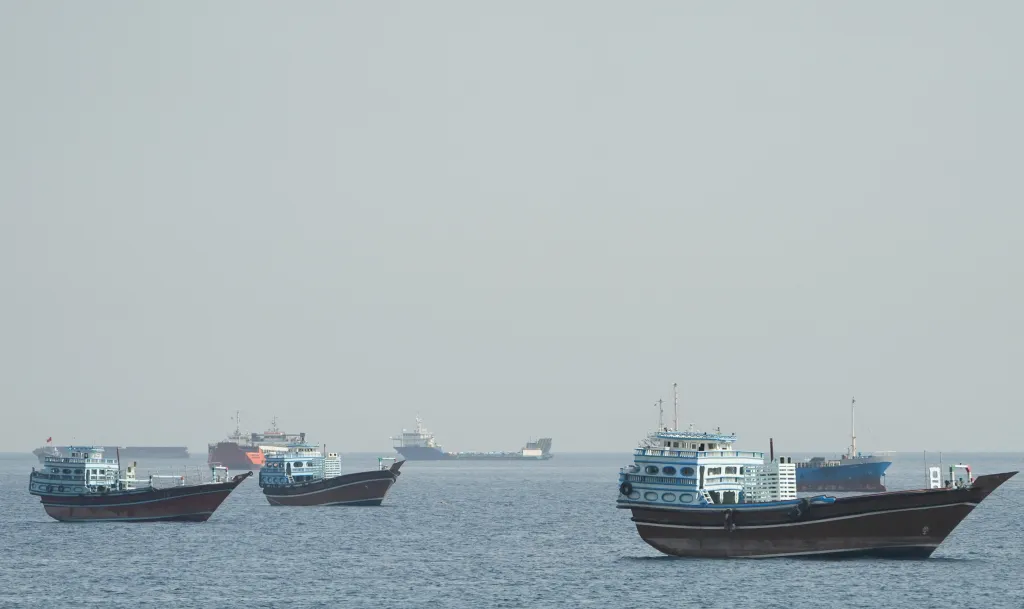 Vessels sail through the Strait of Hormuz, Musandam, Oman, May 22, 2026.