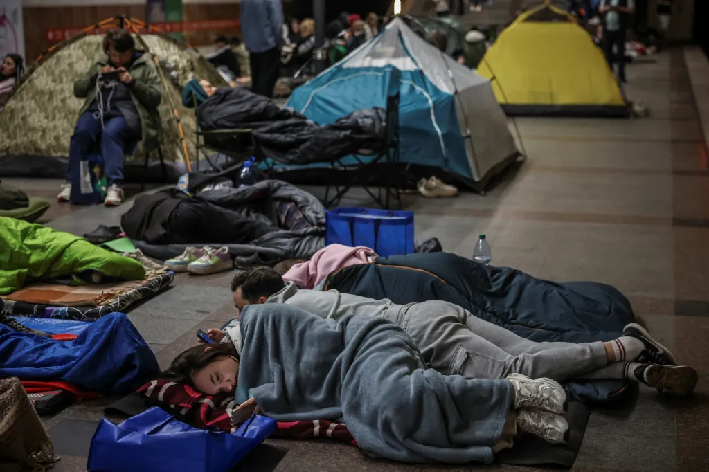 People taking shelter from Russian missile strikes in Kyiv.