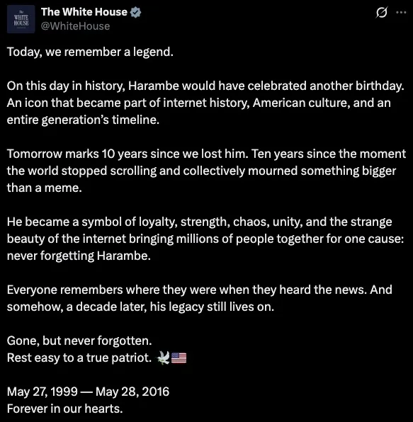 A tweet from The White House Twitter account remembering Harambe.