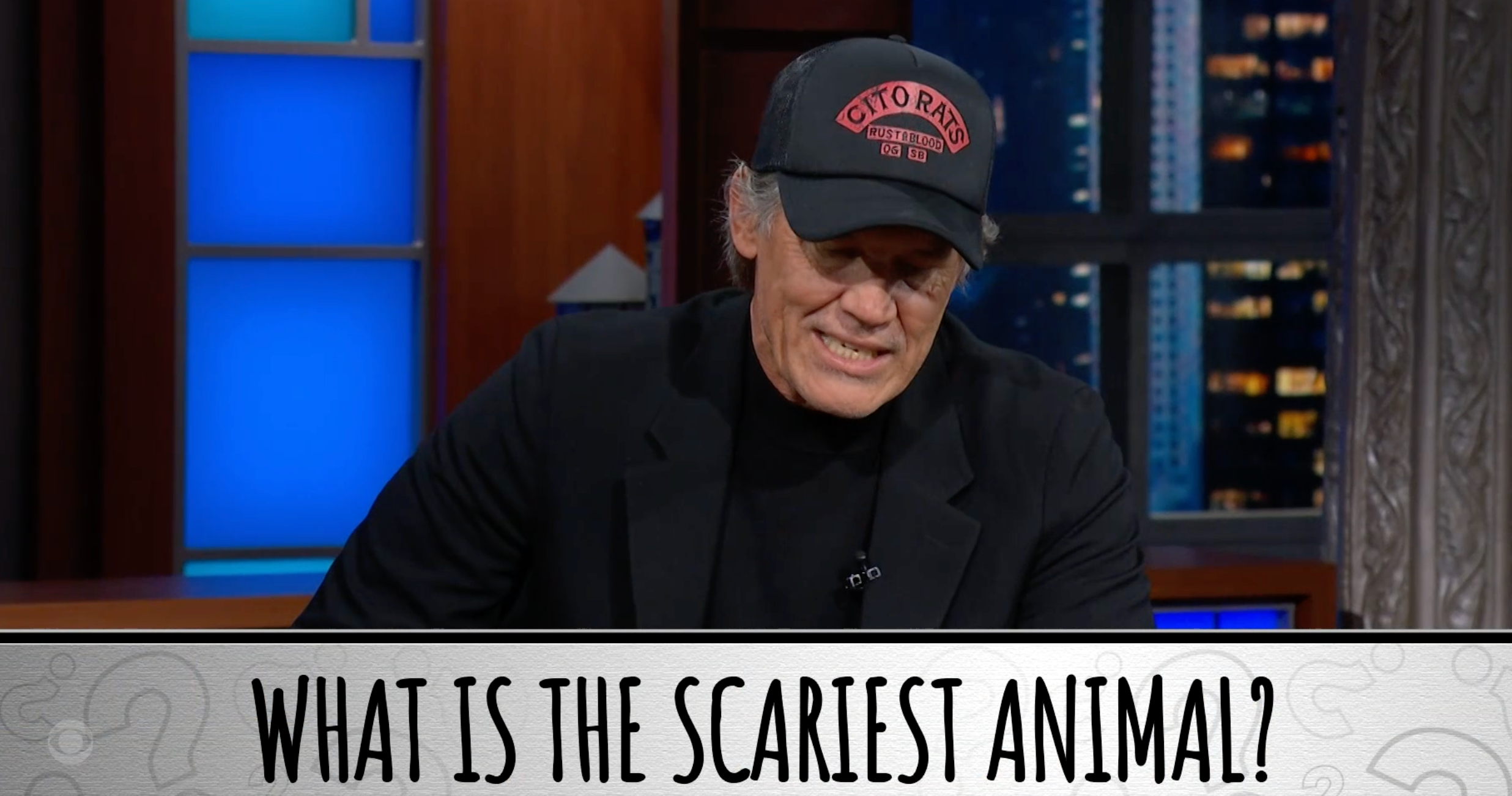 Man in a black Cito Rats hat on a late-night show with a question about the scariest animal.