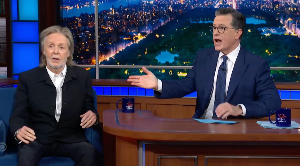 Stephen Colbert speaking to Paul McCartney on 
