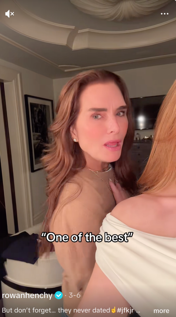 Brooke Shields looking at a person with a quote overlay that says, 