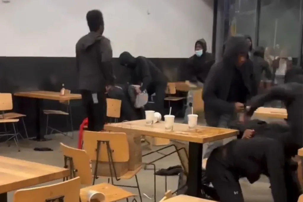 Multiple people in a fast-food restaurant, some appearing to fight or rob patrons, with tables and chairs in disarray.