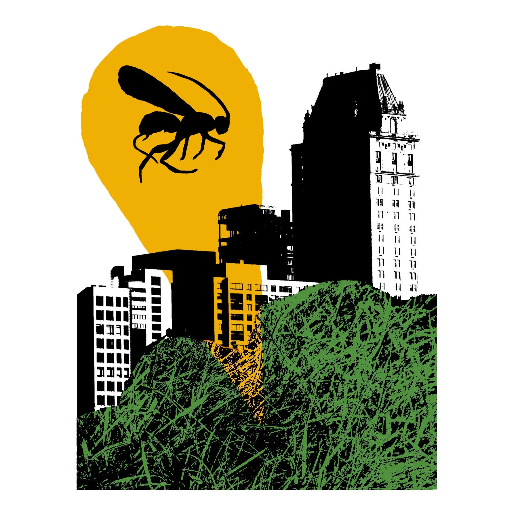 the silhouette of a wasp spotlighted in yellow above a cityscape the silhouette of a wasp spotlighted in yellow above a cityscape