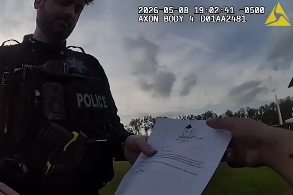 A bodycam video showing a police officer handing a document to a person in a grassy park.