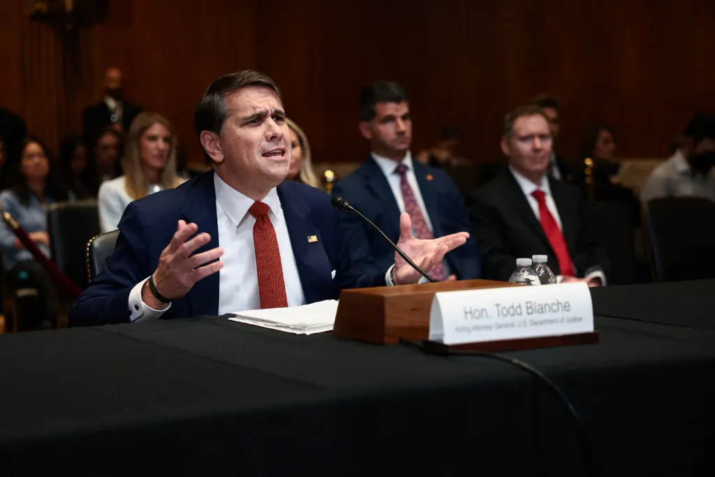 Acting U.S. Attorney General Todd Blanche testifies before a Senate subcommittee.