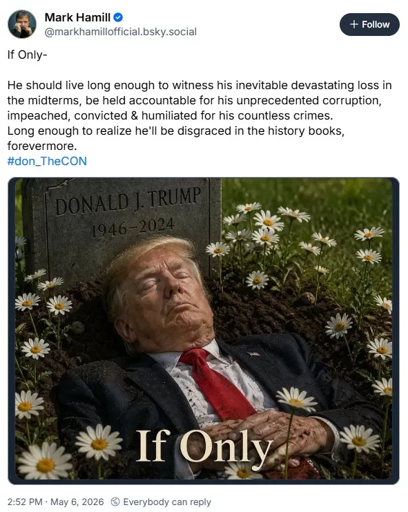 Hamill faced backlash over a social media post featuring an AI-generated image depicting Trump as deceased.