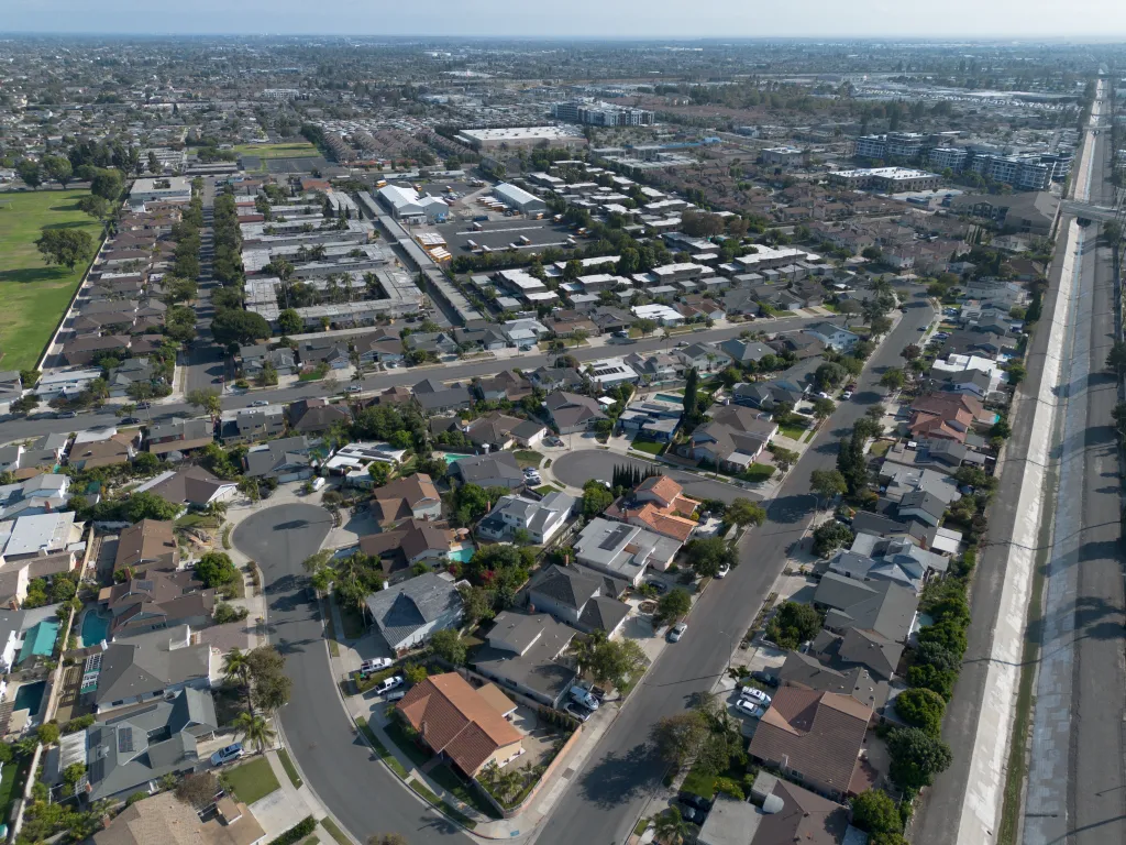 Aerial view of the Garden Grove neighborhood near the chemical plant accident.