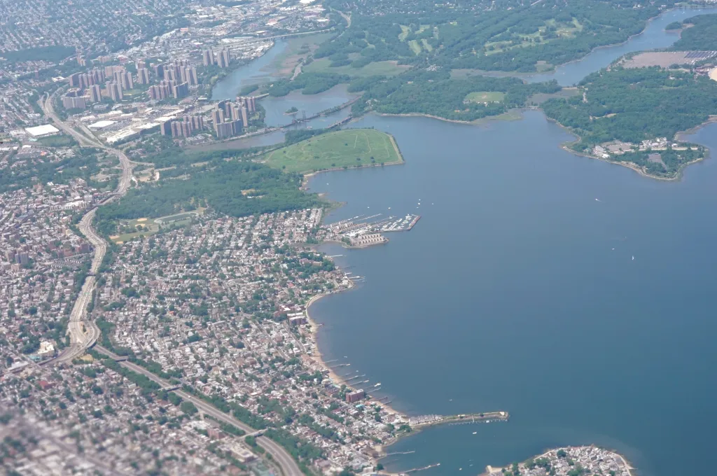 An aerial view of the Northeast Bronx and the neighborhoods of Co-Op City, Baychester, Eastchester and Pelham Bay in the Bronx, NY on May 27, 2023. 