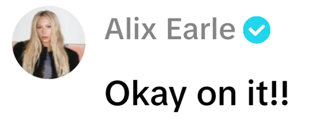 Screenshot of an Alix Earle TikTok video showing her profile picture and text 