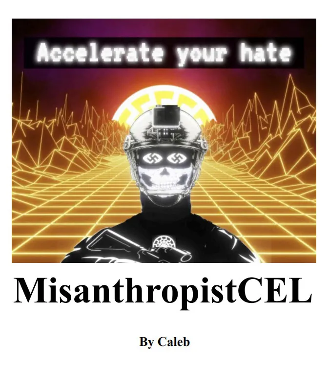Illustration of a skull-faced figure wearing a helmet with swastikas, against a retro digital landscape with the text 