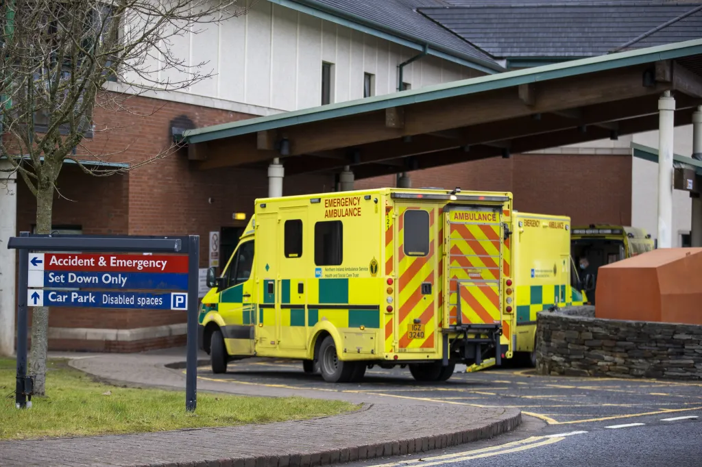 Ambulances queued at the entrance to Causeway Hospital's Accident and Emergency department in Coleraine, County Londonderry, Northern Ireland.