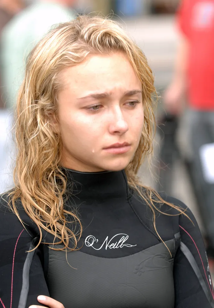 Hayden Panettiere wearing a wetsuit and crying during a protest against dolphin and whale slaughter.