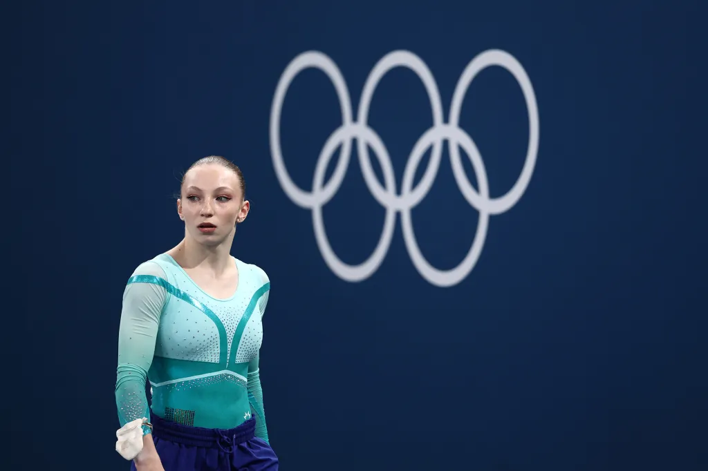 Ana Barbosu of Romania walks into the arena before the floor final.