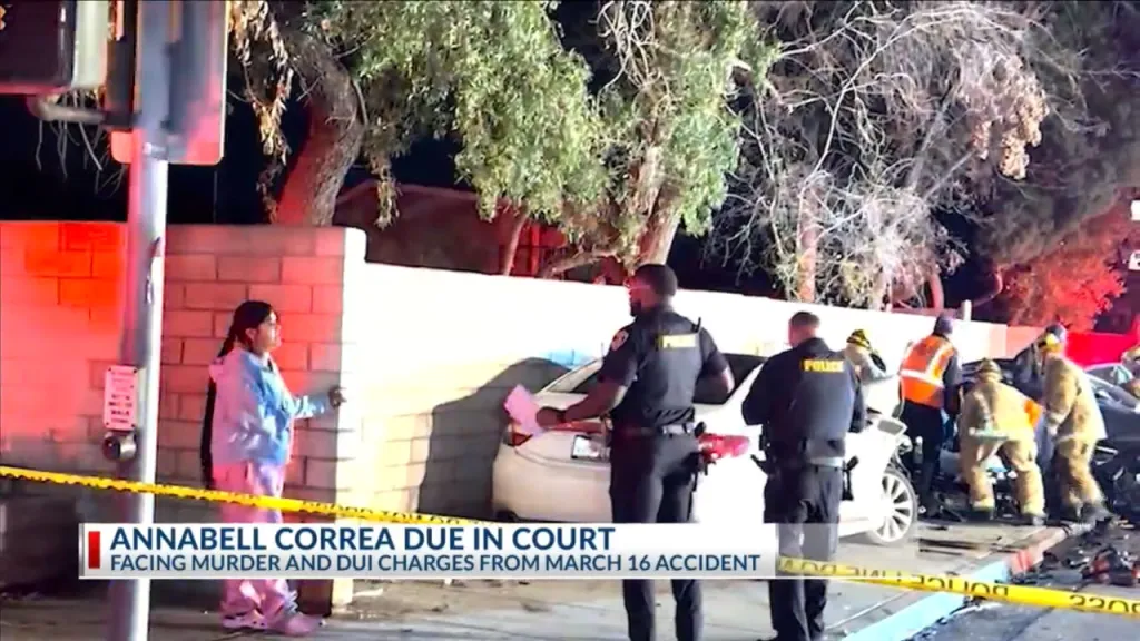 Anabell Correa, facing murder and DUI charges, stands at the scene of an accident with police and emergency responders.