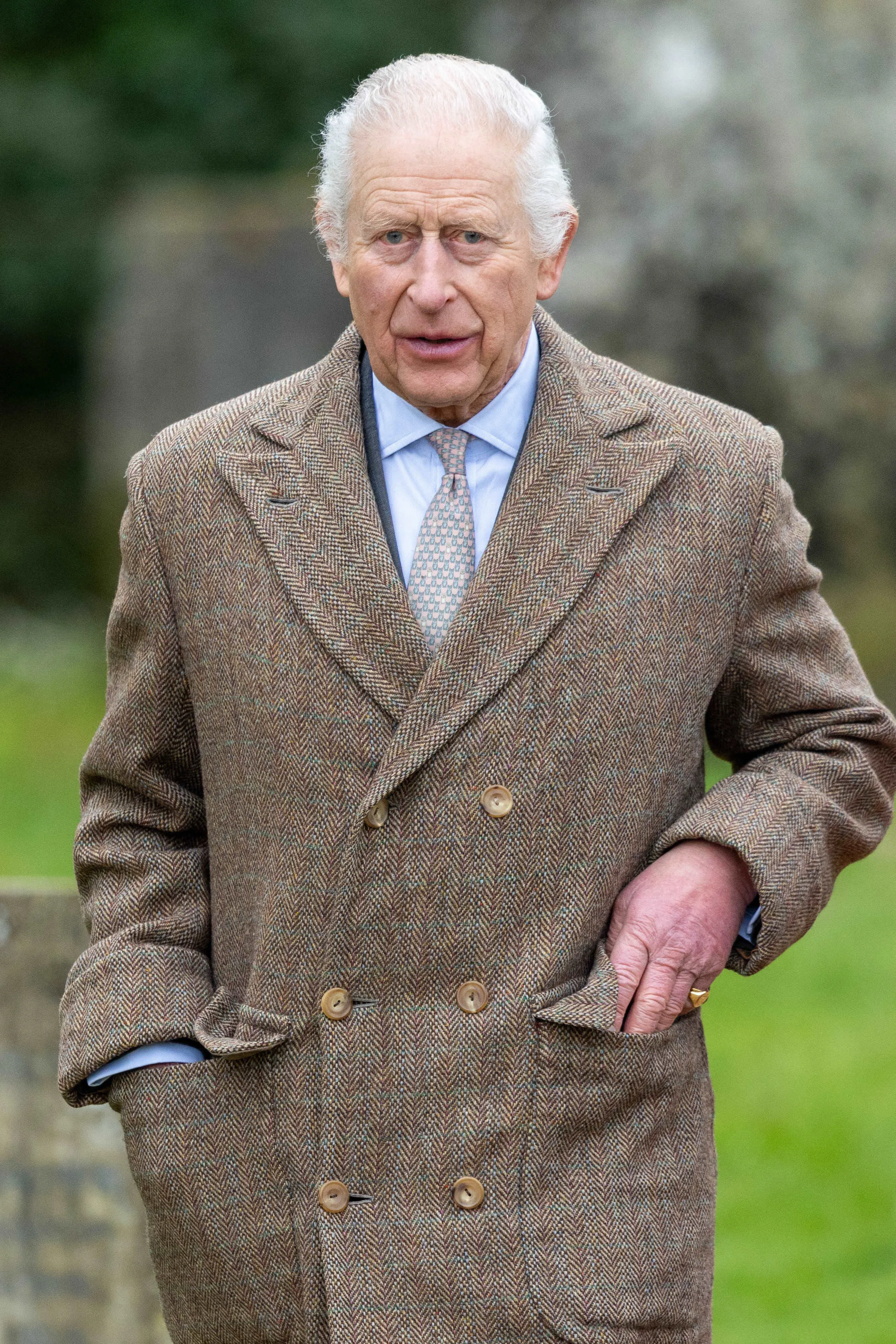 King Charles wearing a brown tweed coat.