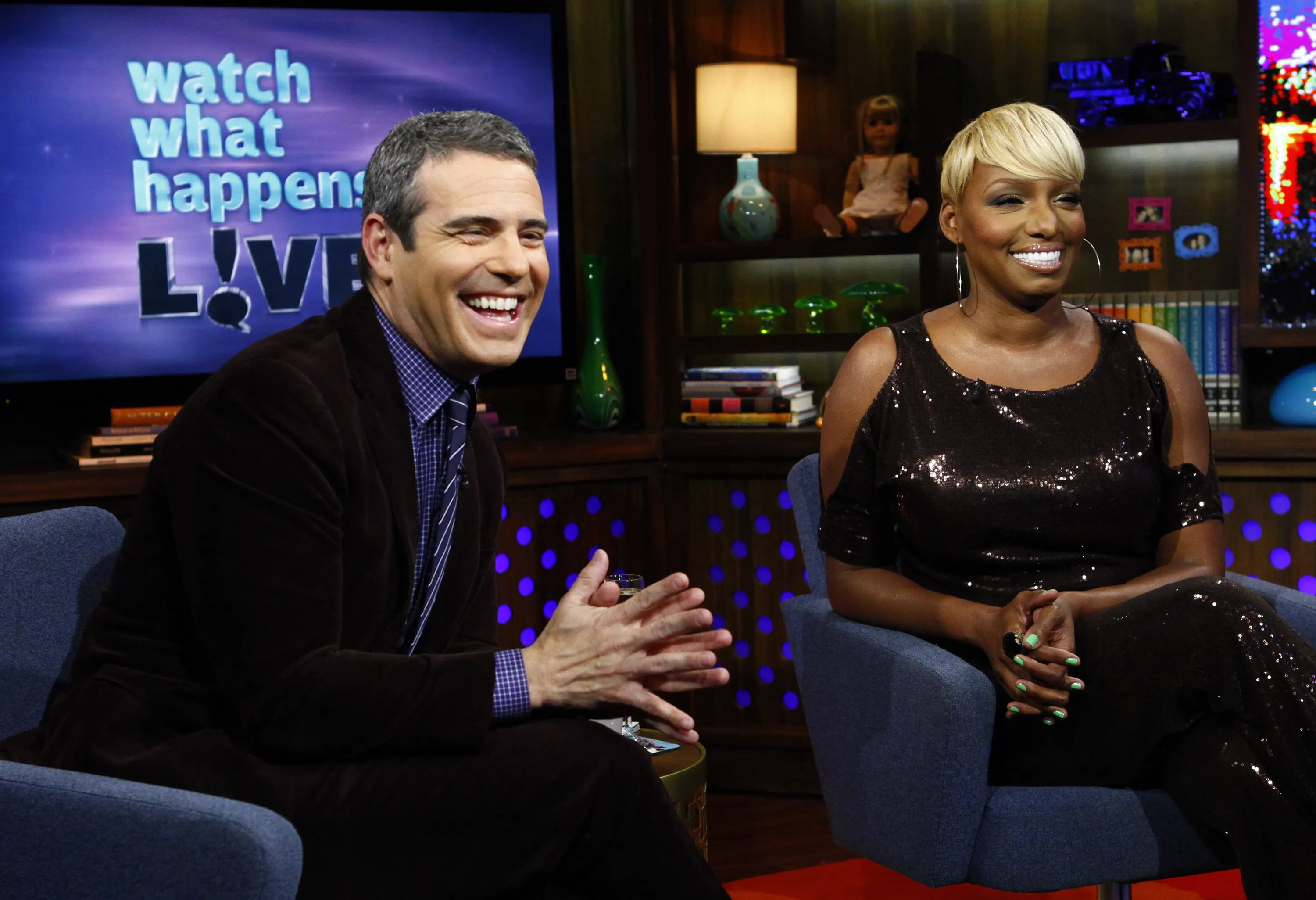 Andy Cohen and NeNe Leakes on the set of Watch What Happens Live.