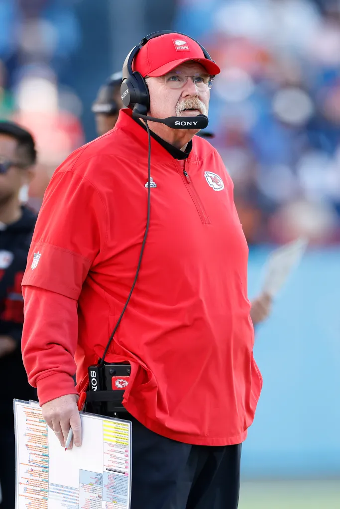 Andy Reid of the Kansas City Chiefs looks on during an NFL game.