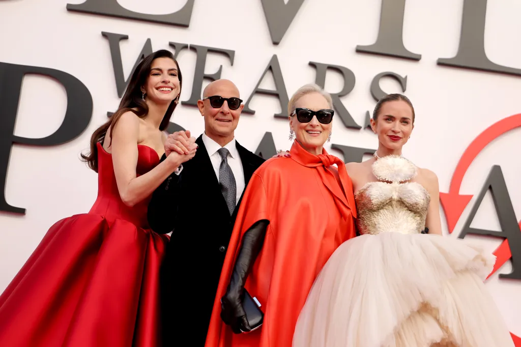 Anne Hathaway, Stanley Tucci, Meryl Streep, and Emily Blunt at The Devil Wears Prada 2 world premiere.