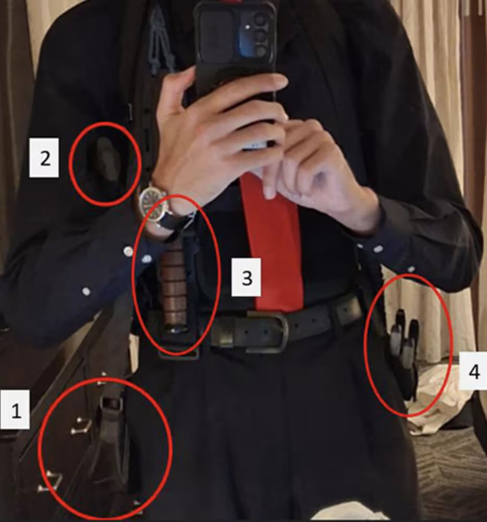 Selfie of Cole Tomas Allen showing a knife, a shoulder holster, an ammunition bag, pliers, and wire cutters.