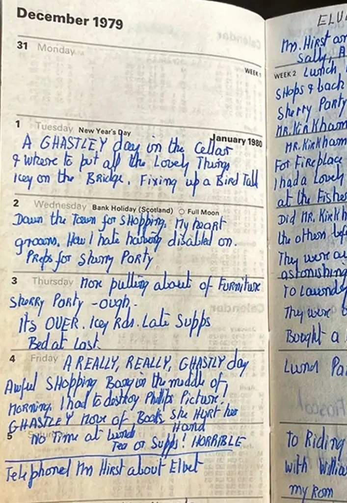 An open daily planner from December 1979 and January 1980 with entries written in blue ink.