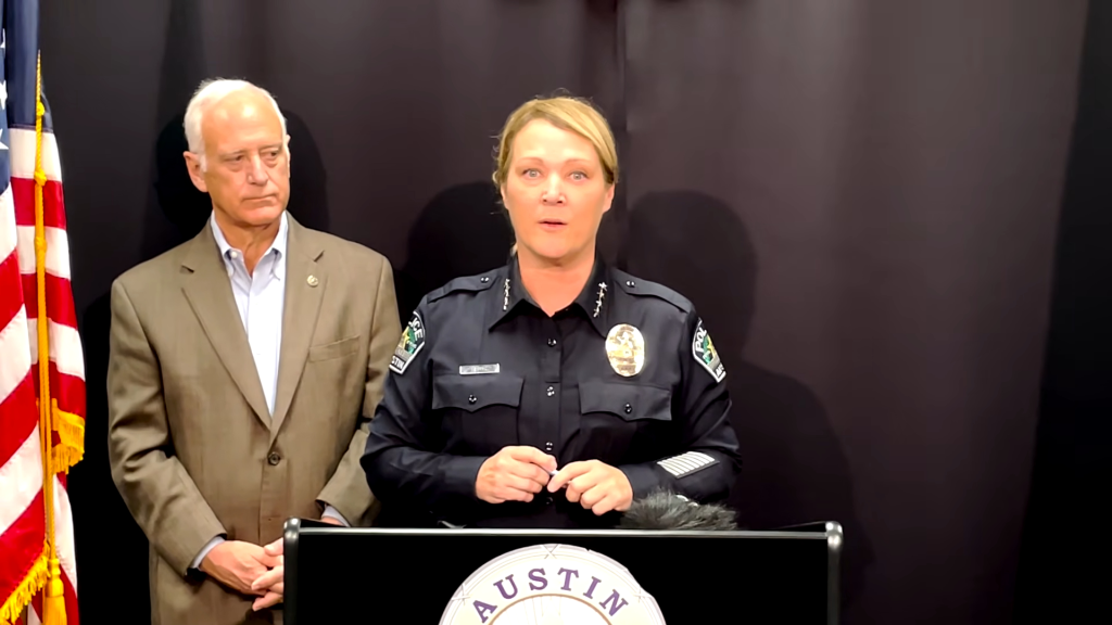 Austin Police Chief Lisa Davis speaks during a press conference alongside city officials following a series of shootings across Austin. 