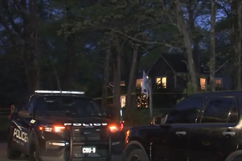 Police vehicles at night outside a house where authorities responded to a domestic incident.