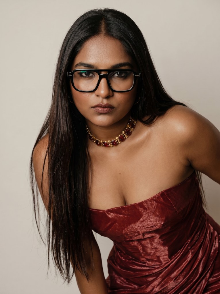 Ayushi Anand, a woman with long dark hair, wearing glasses and a strapless metallic red dress with a ruby and gold necklace.