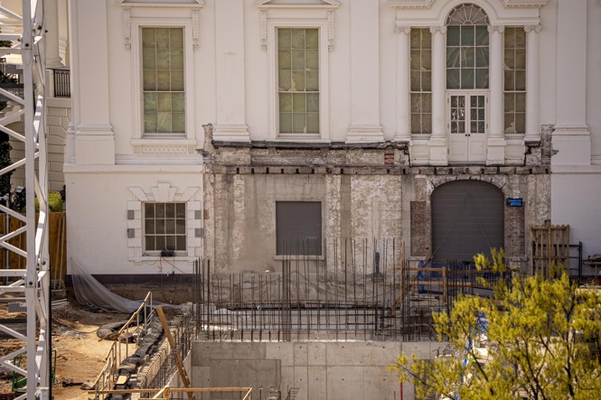 The site of the demolished East Wing, where a ballroom is under construction.
