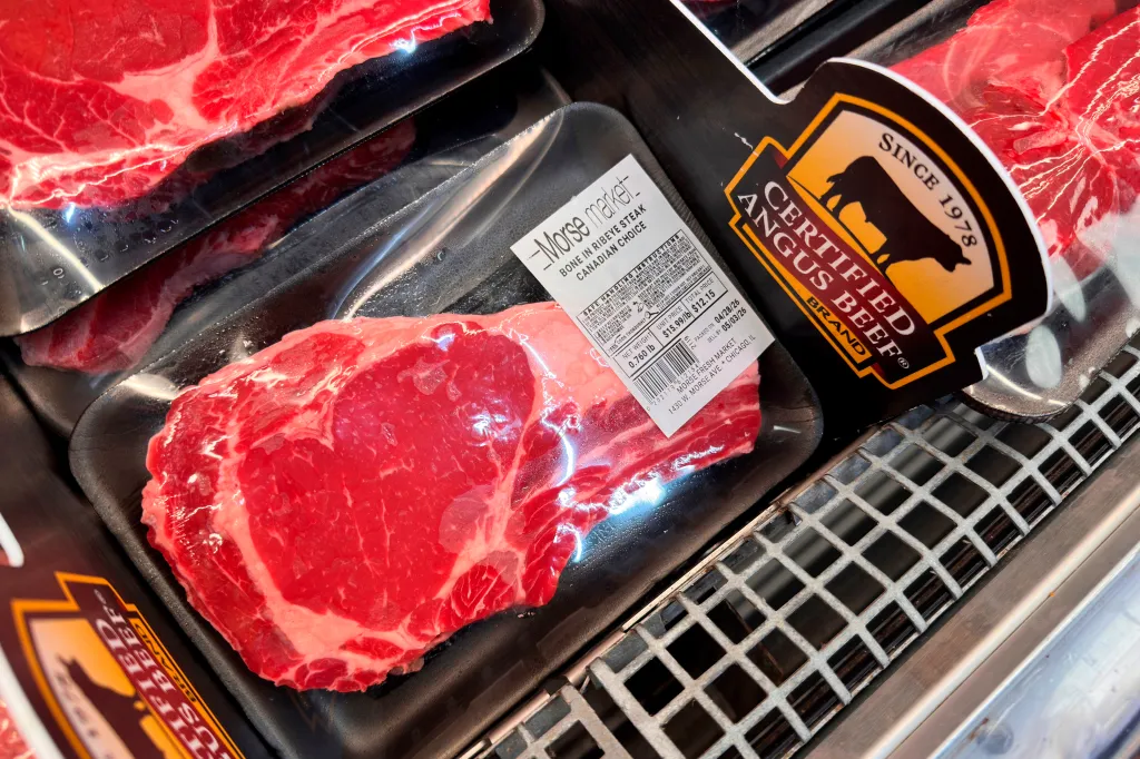 Packaged Angus beef ribeye steaks for sale in a grocery store.