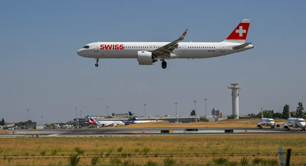 A Swiss International Air Lines plane landing at Humberto Delgado International Airport during the second day of the Menzies workers' strike in Lisbon, Portugal.
