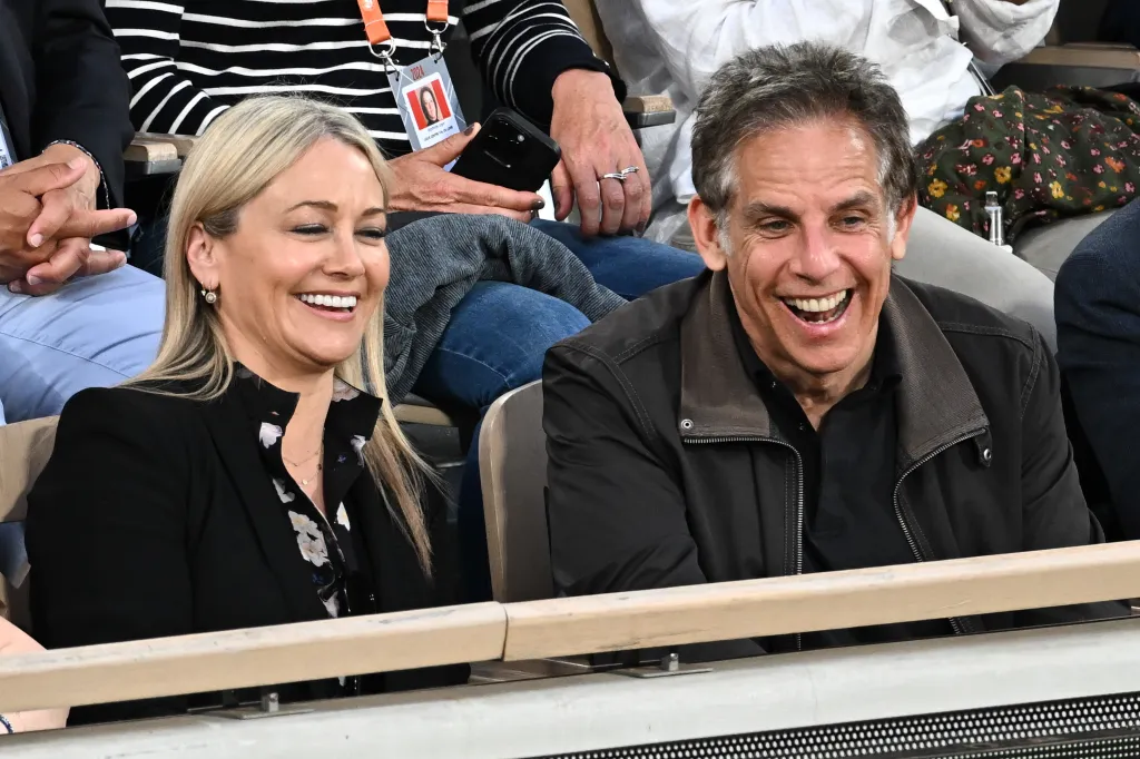 Ben Stiller and Christine Taylor laughing at the 2024 French Open.