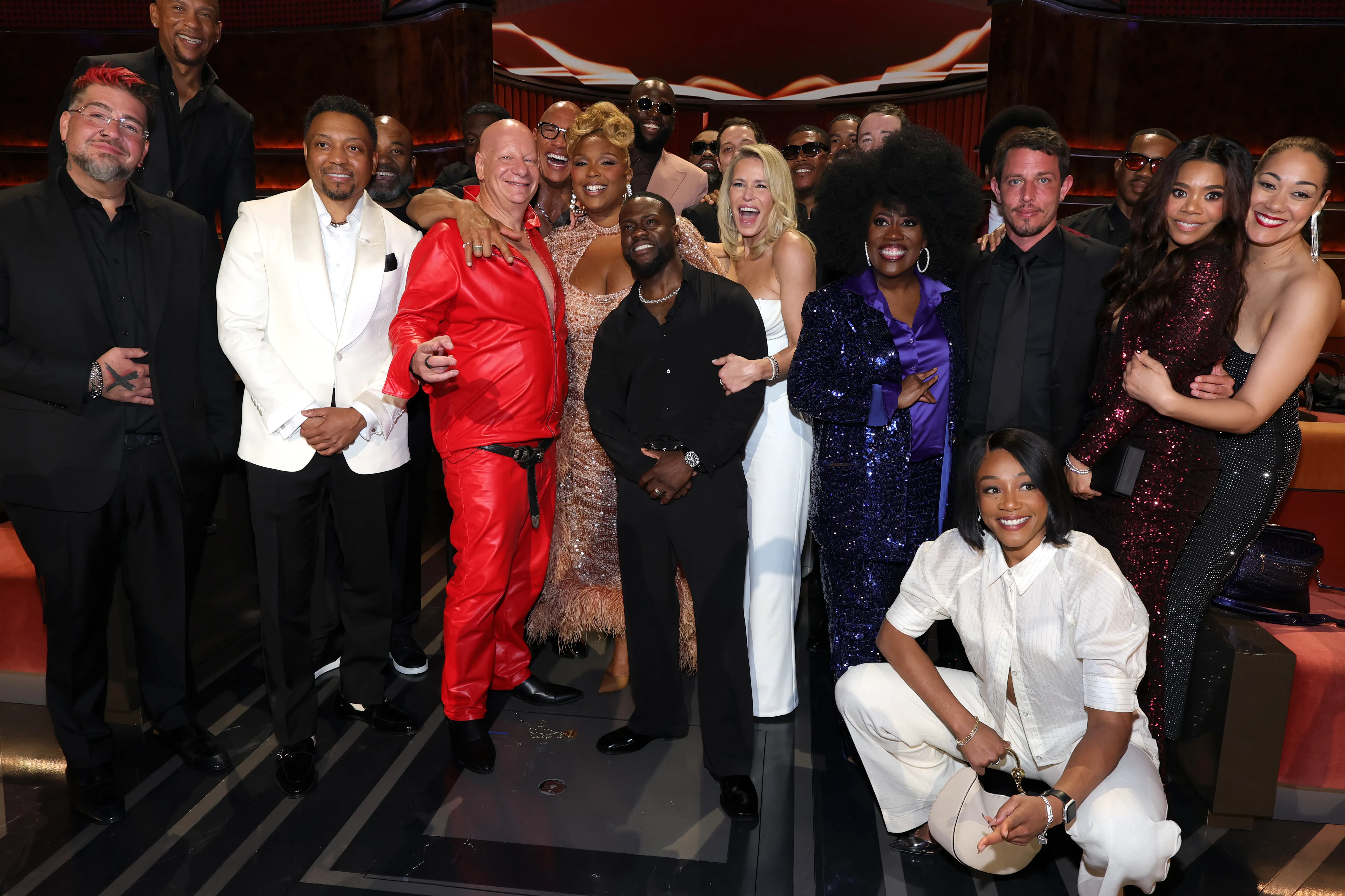 Big Jay Oakerson, Na'im Lynn, Jeff Ross, Dwayne Johnson, Lizzo, Kevin Hart, Draymond Green, Pete Davidson, Chelsea Handler, Ron Boss Everline, Mustapha Farrakhan Jr., Shane Gillis, Sheryl Underwood, Tiffany Haddish, Tony Hinchliffe, Duane Martin, Regina Hall, and Cynthia Kaye McWilliams posing together at Netflix Is A Joke Festival Presents: The Roast of Kevin Hart.