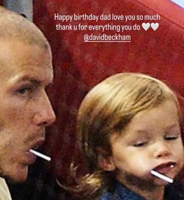 David Beckham and a child with lollipops, with a birthday tribute from a family member.