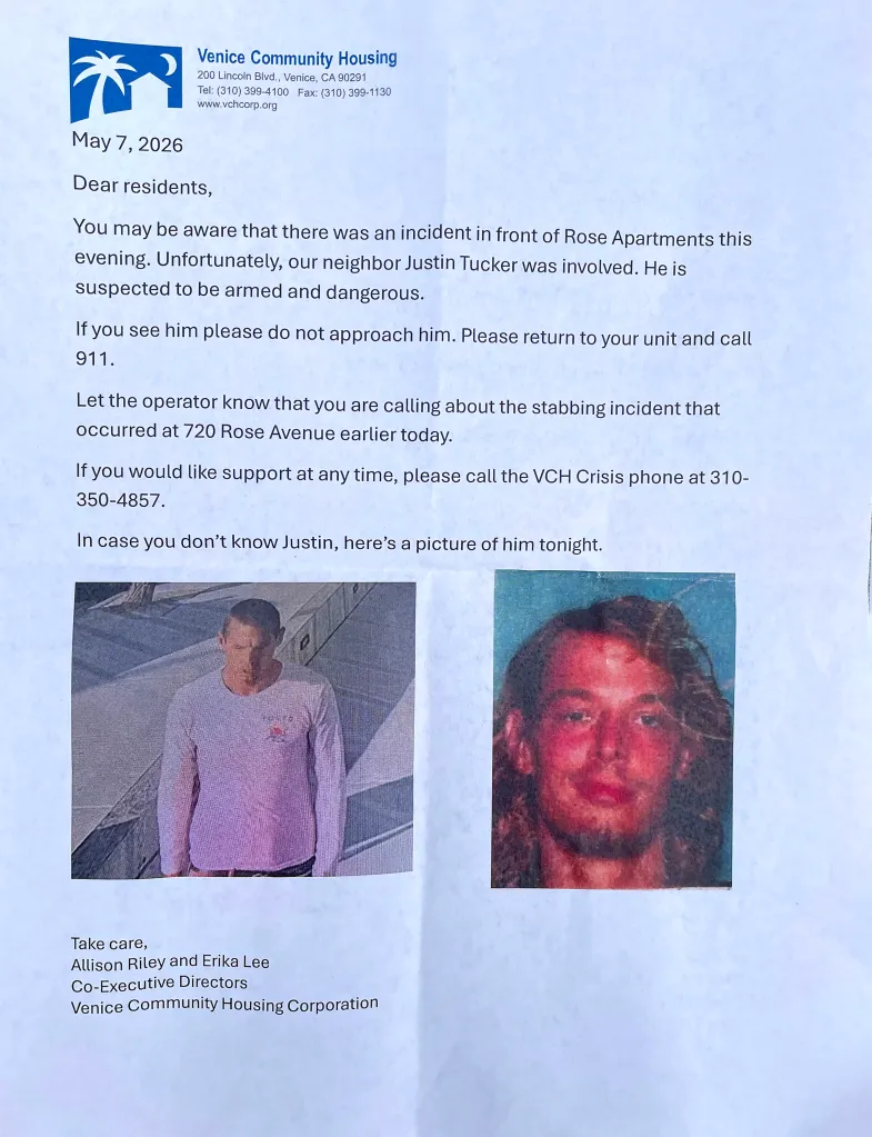 Collage of a warning notice from Venice Community Housing Corporation about an armed and dangerous resident, Justin Tucker, with two photos of him.