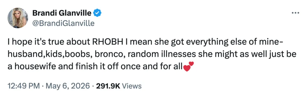 A tweet from Brandi Glanville about LeAnn Rimes potentially joining RHOBH, mentioning Rimes has 