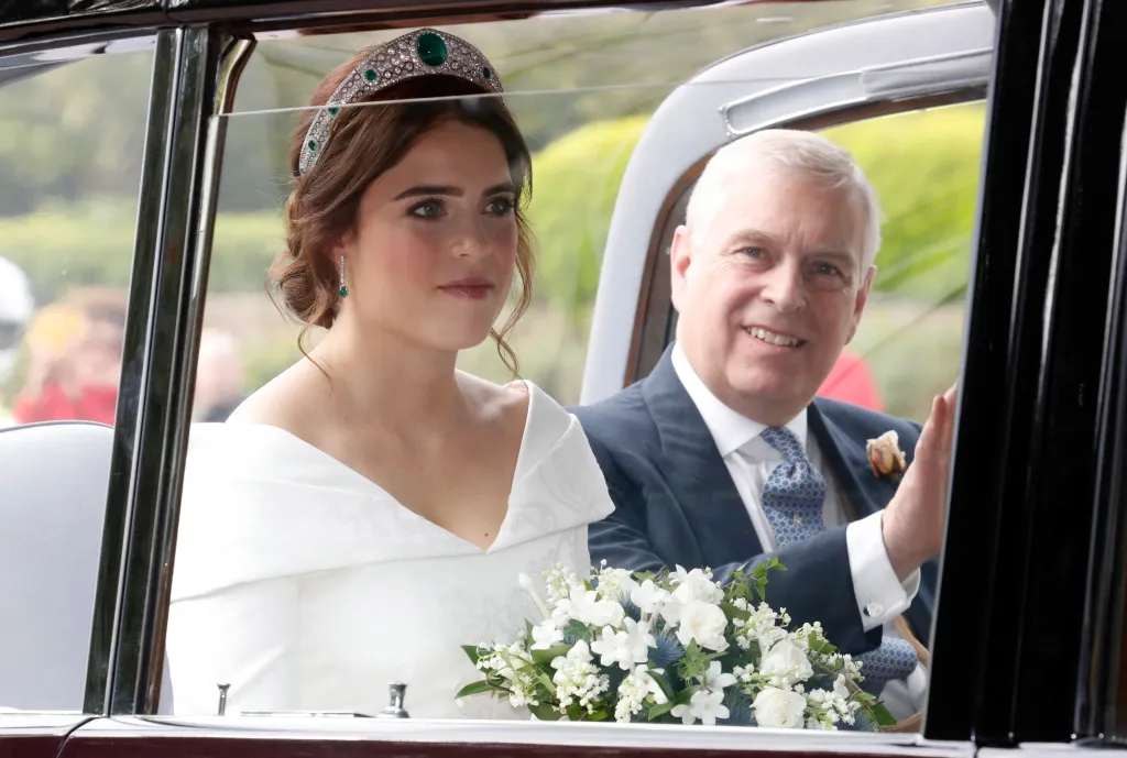 Princess Eugenie of York and her father, Prince Andrew, Duke of York, arriving at her wedding.