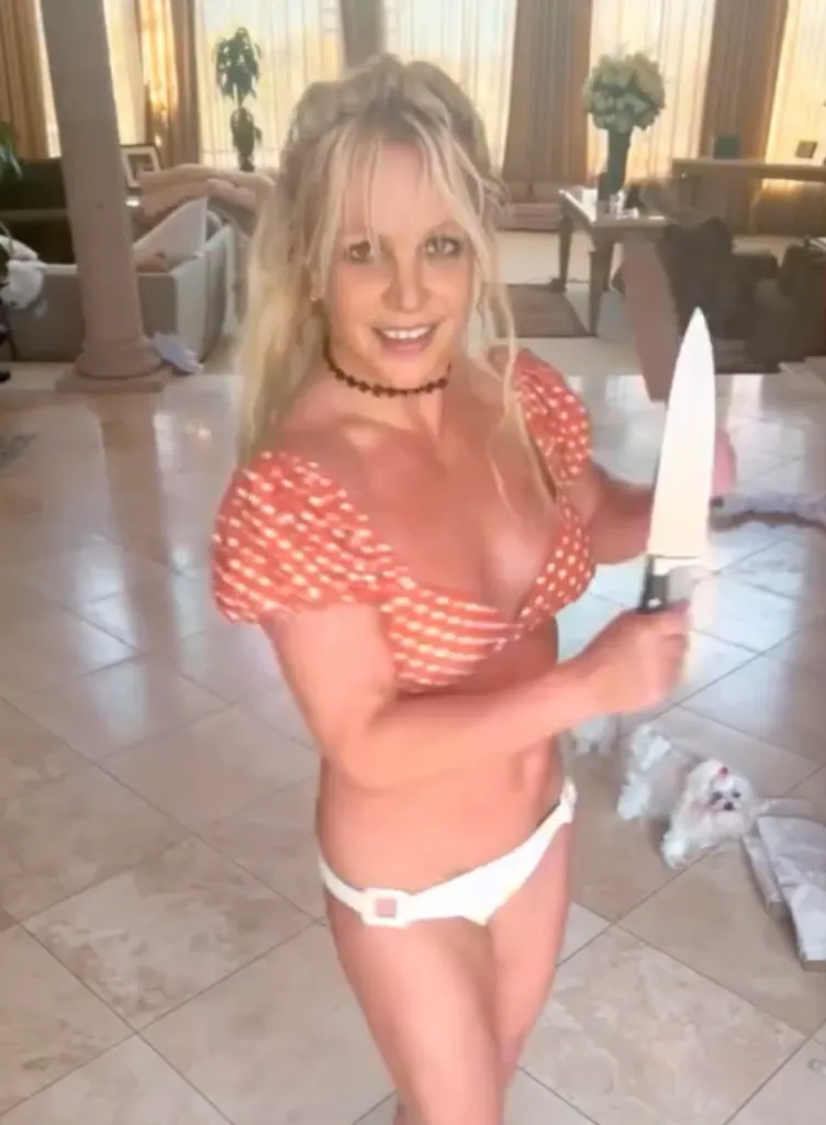 Britney Spears dancing with a knife while wearing a polka-dotted crop top and white bikini bottoms.