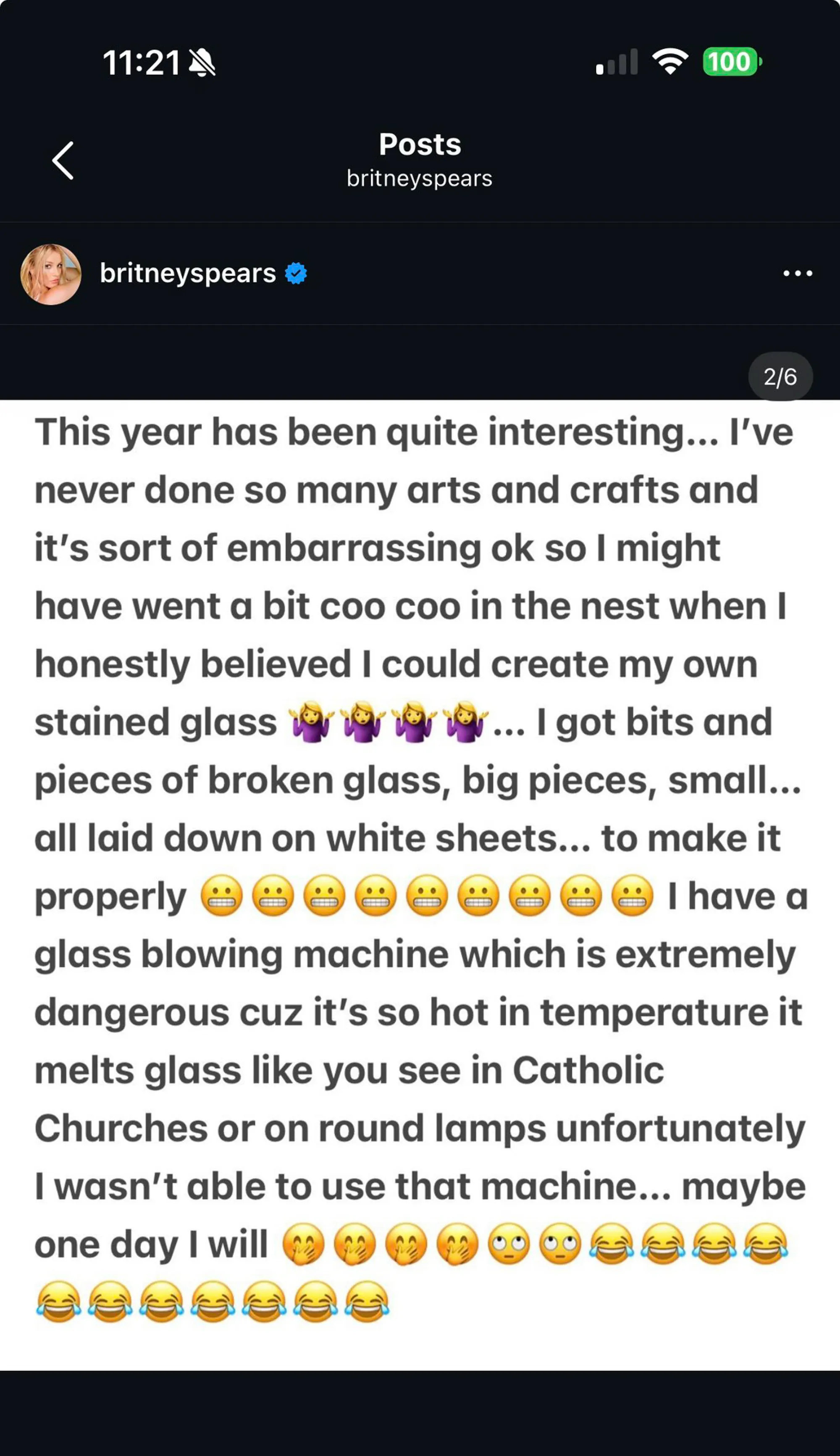 An Instagram post from Britney Spears discussing her attempts at arts and crafts and stained glass.
