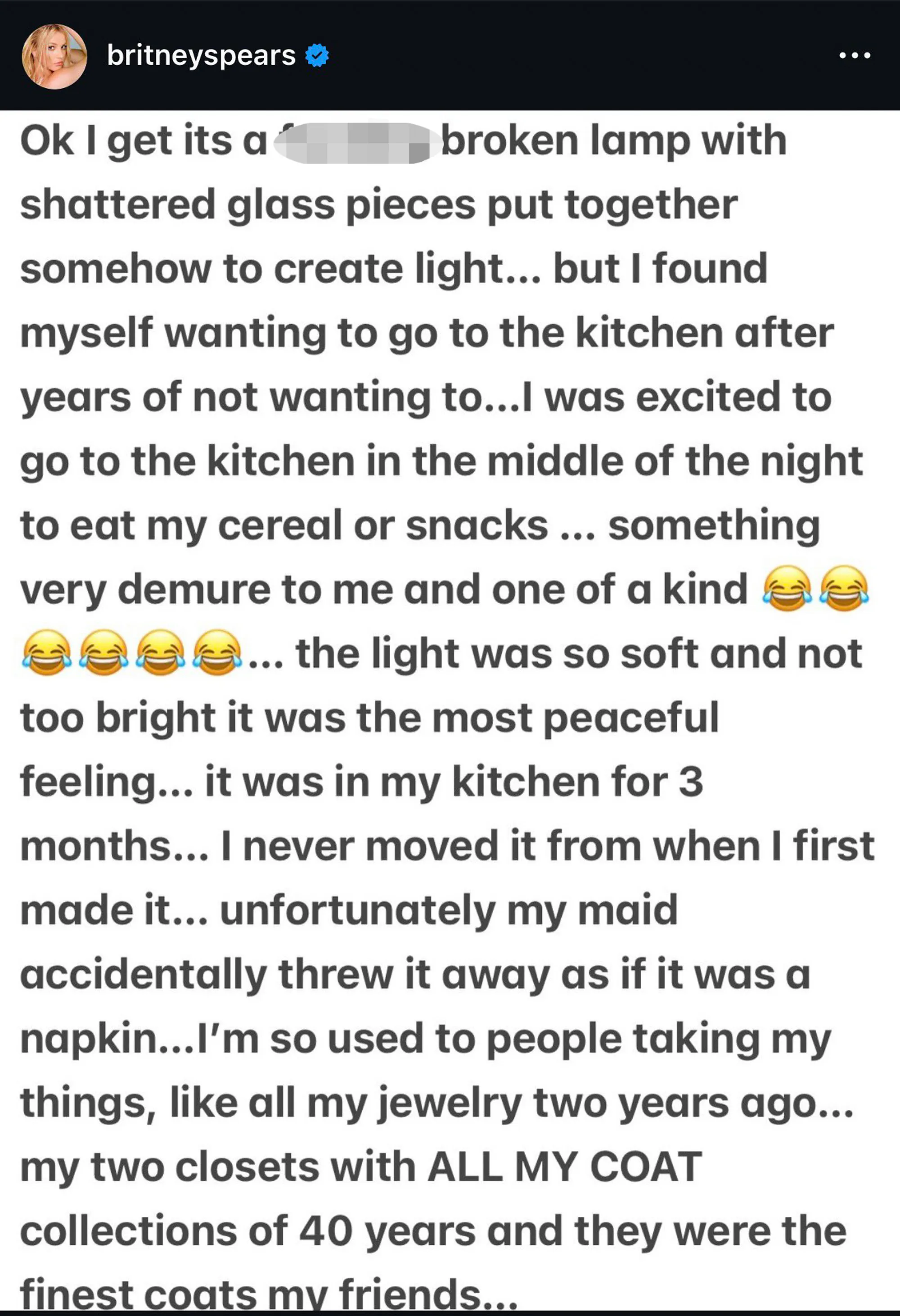 Screenshot of Britney Spears' Instagram post discussing her maid throwing out her stained glass lamp.