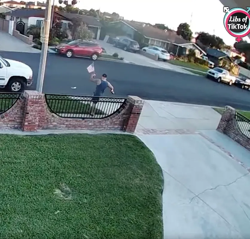 Man vandalizing and kicking American flags on Memorial Day in Buena Park, California.