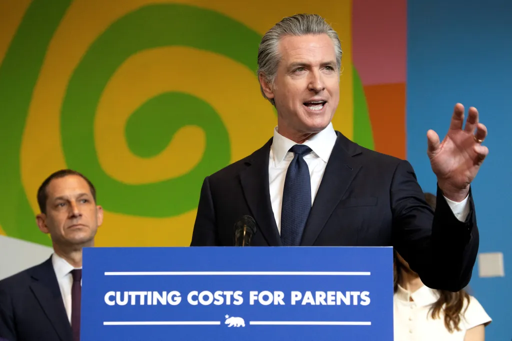 California Governor Gavin Newsom speaking at a press conference.