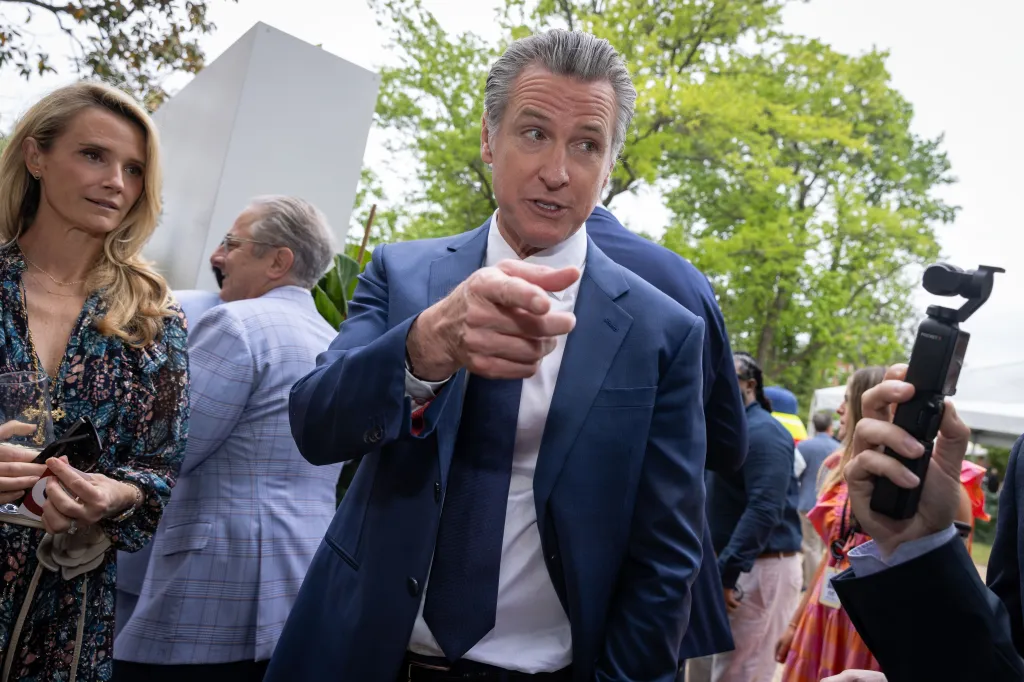 California Governor Gavin Newsom pointing and speaking at the 33rd Annual White House Correspondents' Garden Brunch.