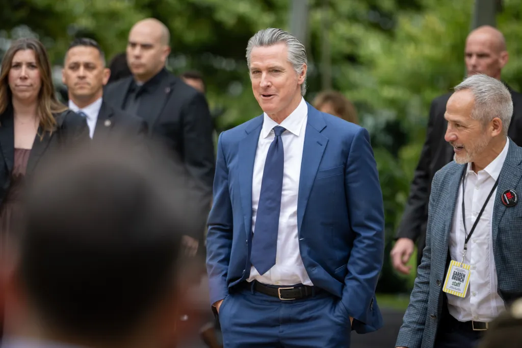 California Governor Gavin Newsom speaking at the 33rd Annual White House Correspondents' Garden Brunch.
