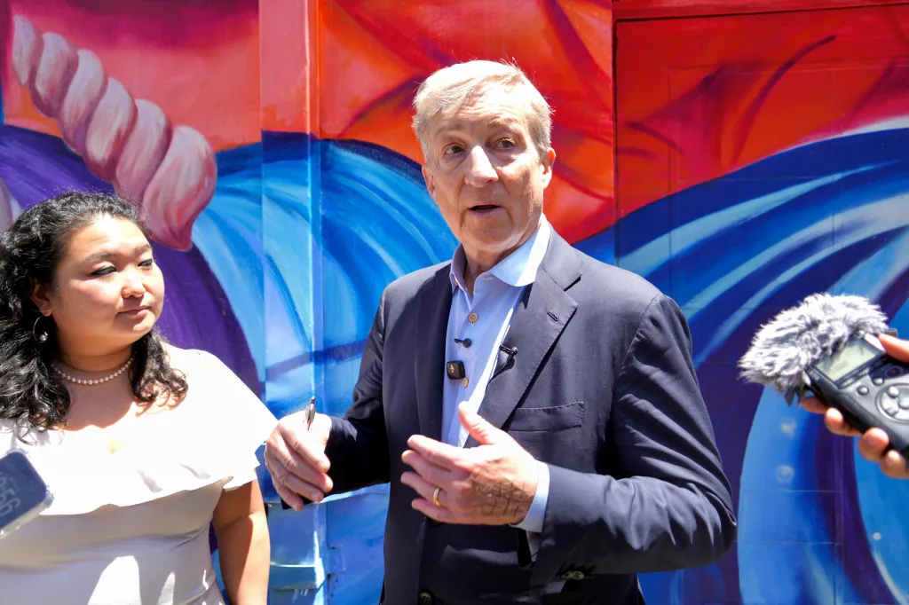 California gubernatorial candidate Tom Steyer speaking to reporters.