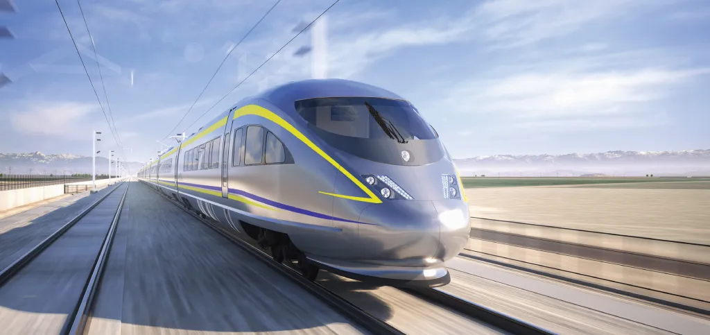 Illustration of the California High-Speed Rail train moving quickly on tracks through an open field with mountains in the background.