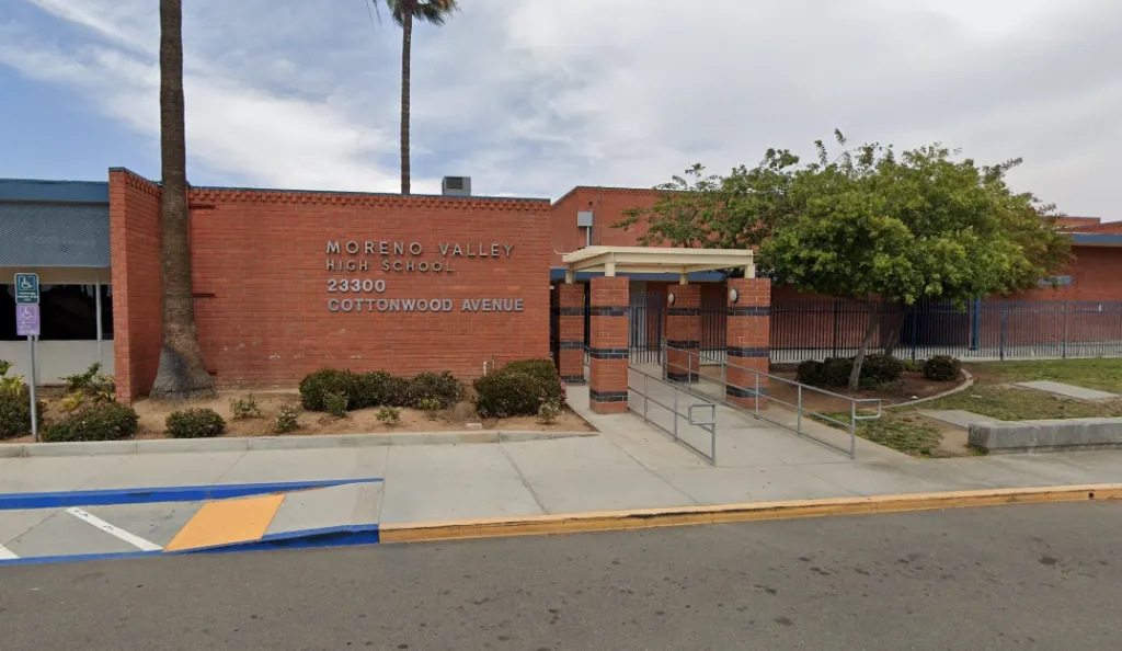 Moreno Valley High School entrance on Cottonwood Avenue.