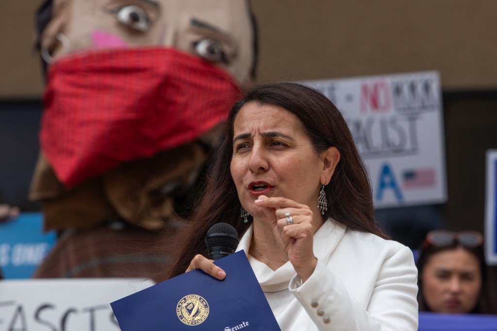 California State Senator Monique Limón speaks at a press conference supporting farmworkers targeted by ICE raids.